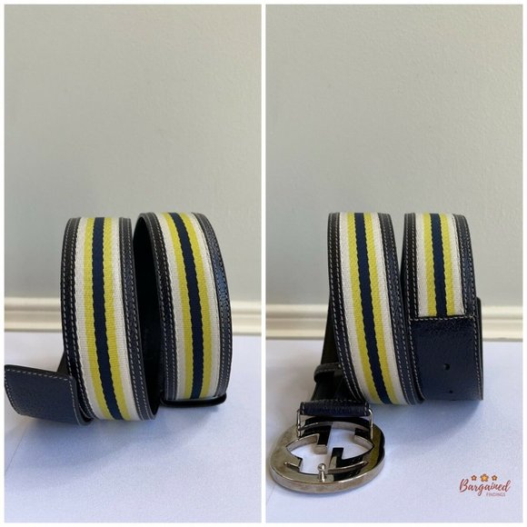 Authentic GUCCI Web Canvas Leather Gold Interlocking G Buckle Belt 85/34 - Picture 8 of 13